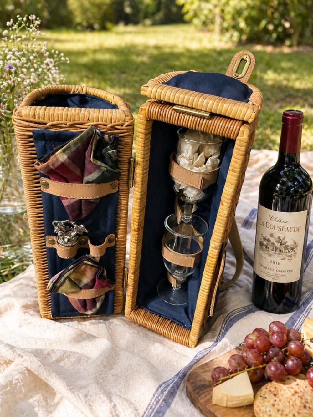 Wicker Picnic Wine Carrier Set with Glasses and Accessories
